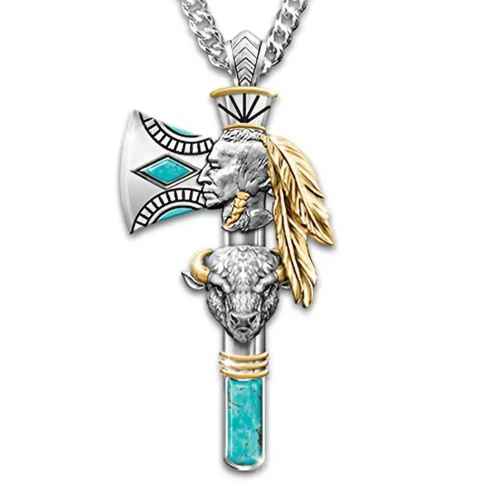 Gothic Indian Bull Head Axe Pendant Necklace for Women and Men